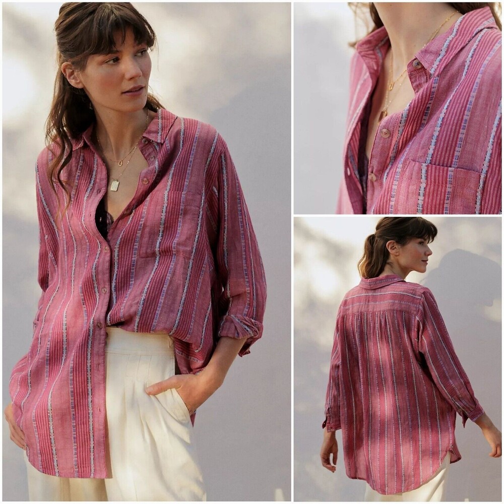 Pilcro The Bo Boyfriend Embroidered Oversized Small Button down Shirt Blue Stipe - Picture 3 of 9